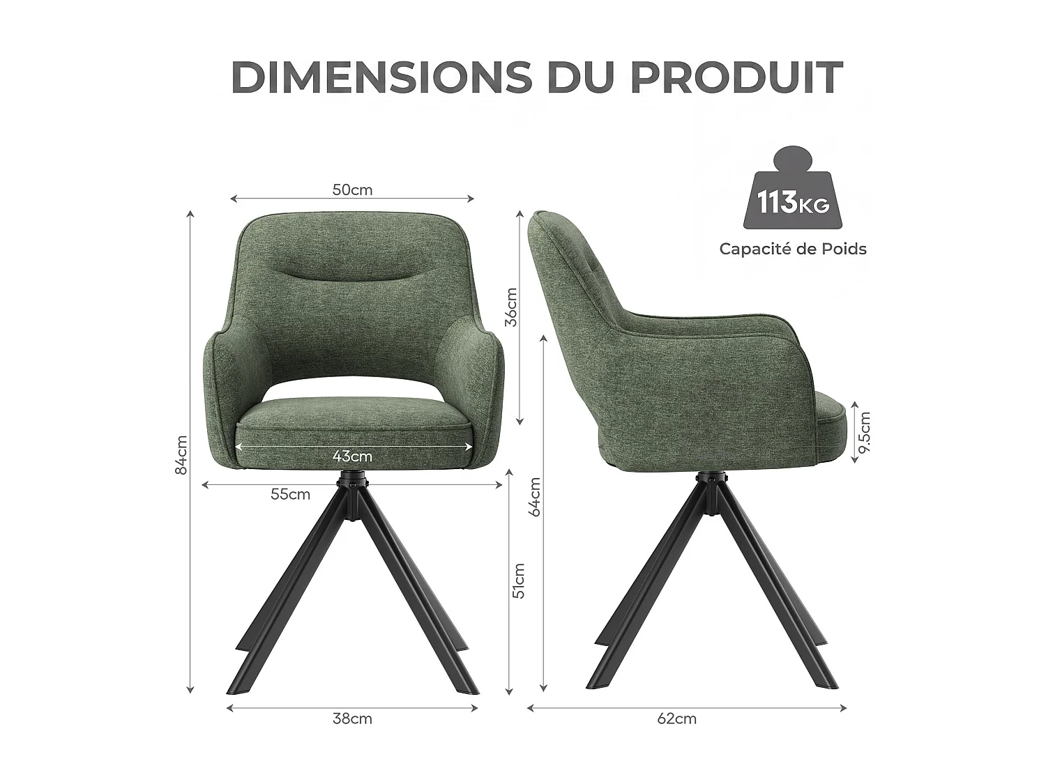 Zestaw 2 obrotowych krzeseł premium z półpodłokietnikami – Metalowa podstawa o wysokiej stabilności – Beżowy