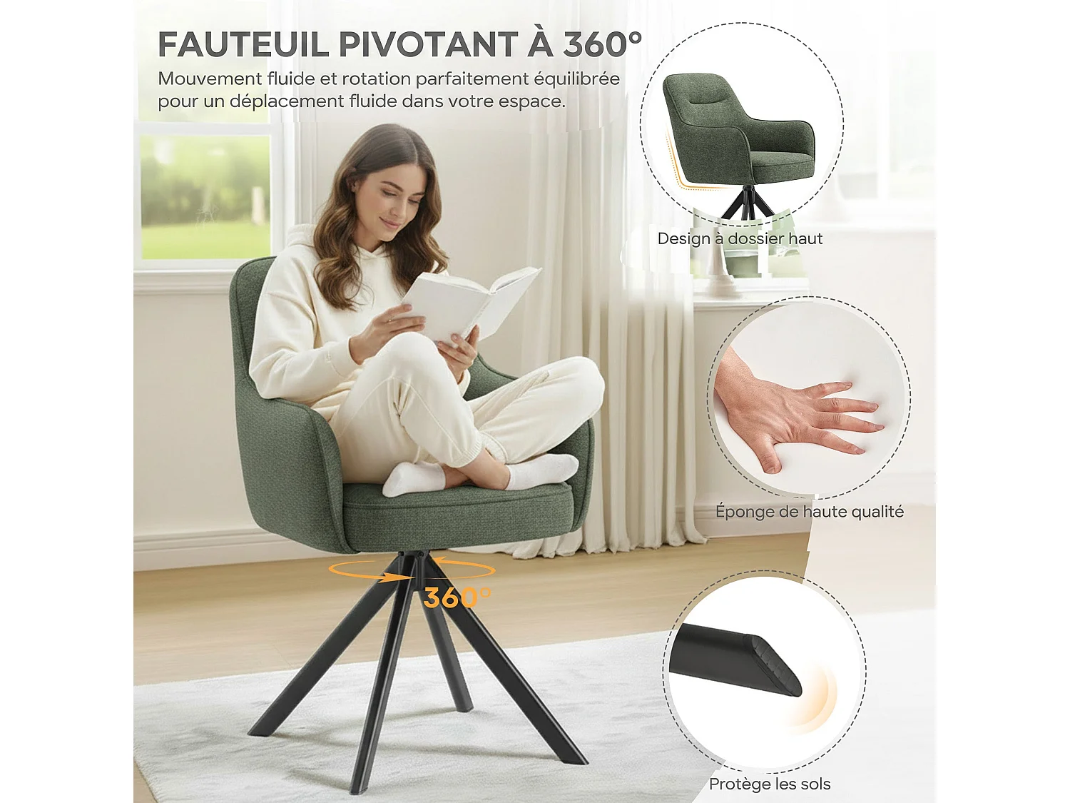 Zestaw 2 obrotowych krzeseł premium z półpodłokietnikami – Metalowa podstawa o wysokiej stabilności – Beżowy