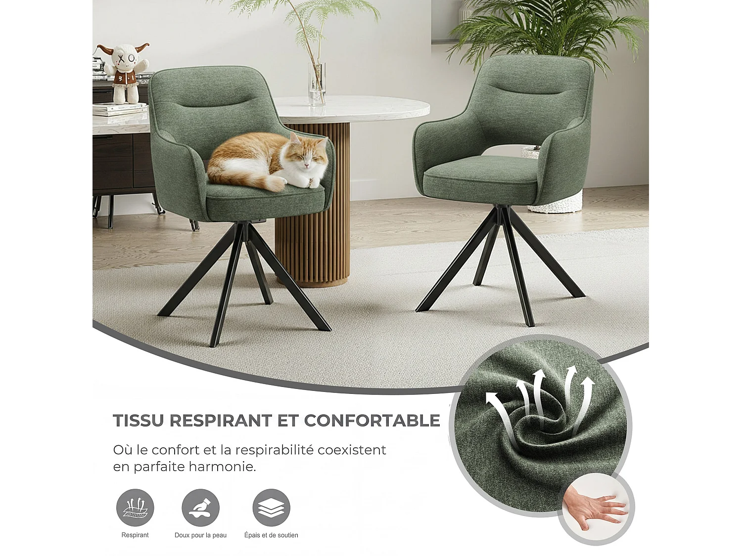 Zestaw 2 obrotowych krzeseł premium z półpodłokietnikami – Metalowa podstawa o wysokiej stabilności – Beżowy