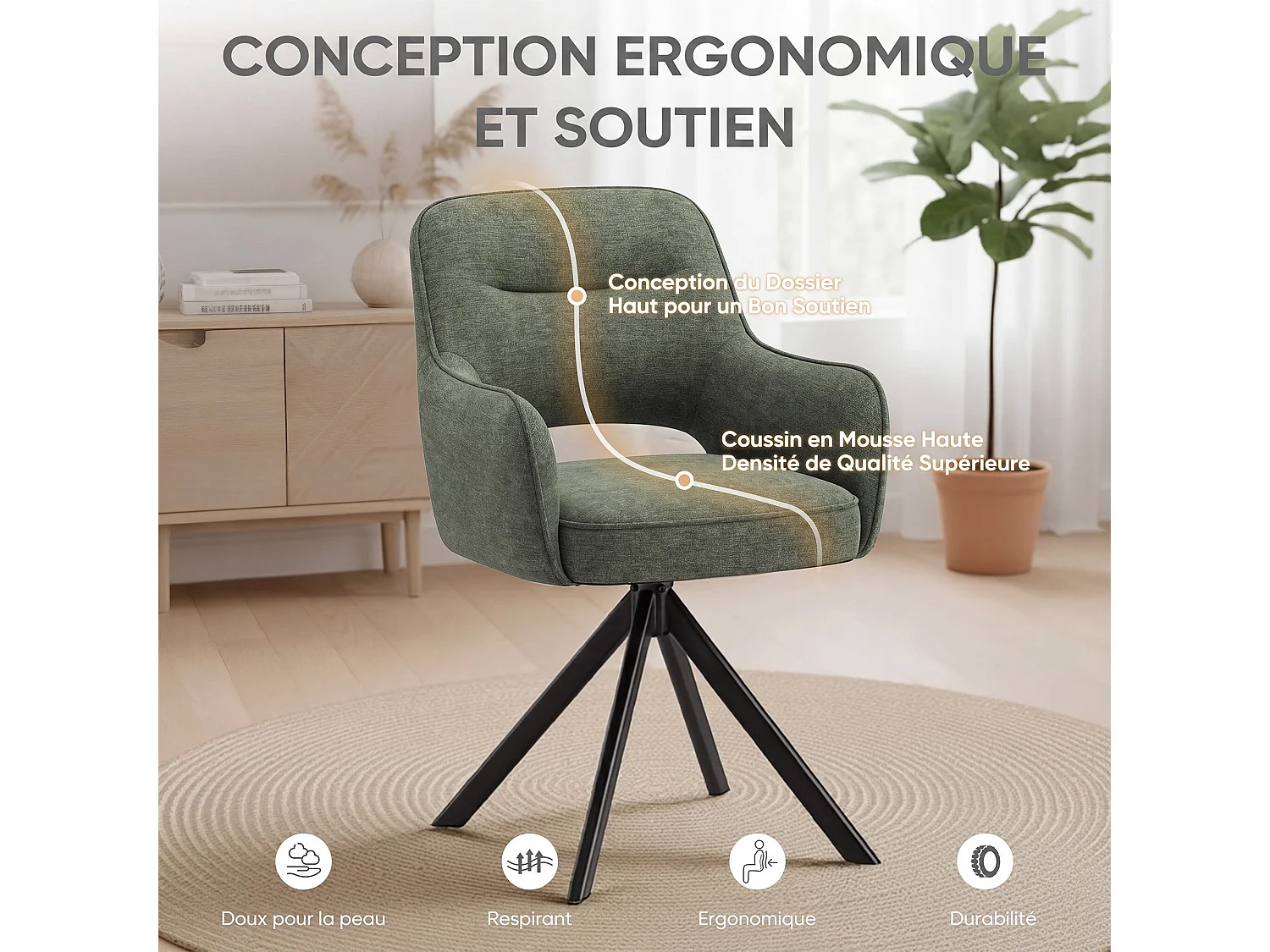 Lot 2 Chaise pivotante premium avec demi-accoudoirs - Base métallique haute stabilité - Vert