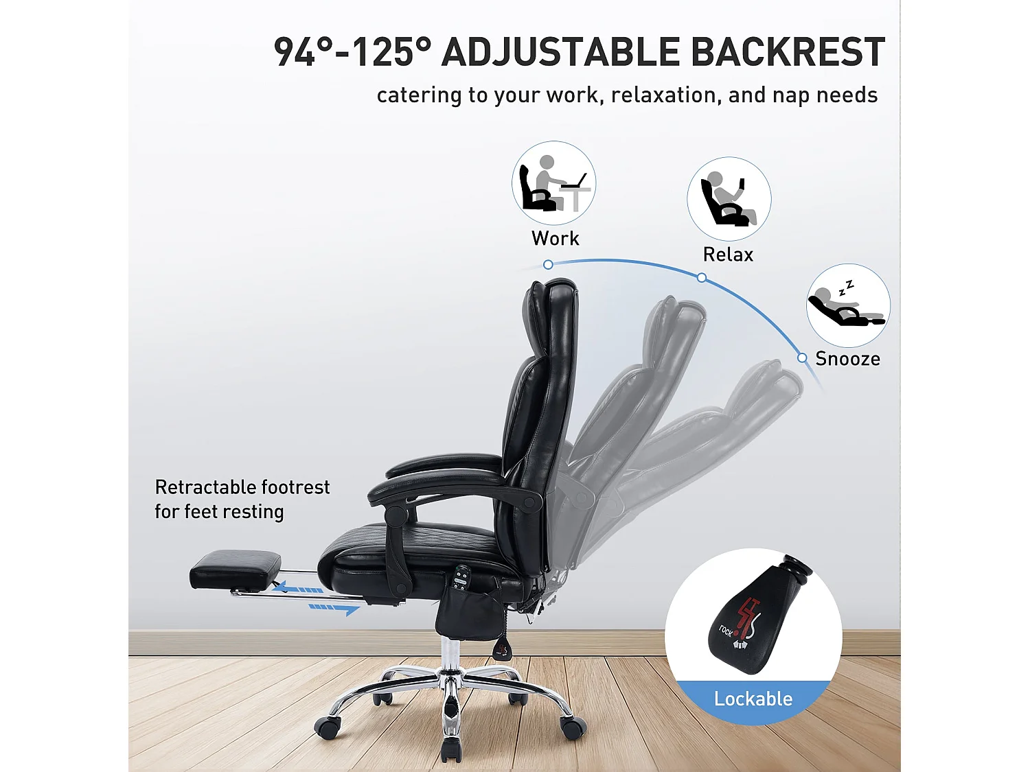 Chaise de bureau, Chaise de bureau massage 6 points et chauffage lombaire 3 niveaux, Inclinaison 94-125°réglable-noir