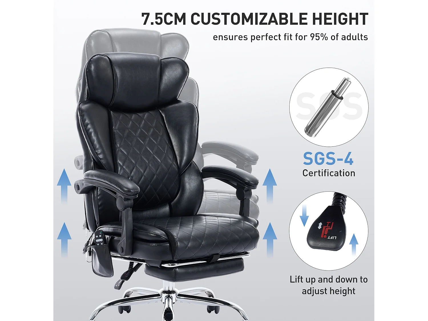 Chaise de bureau, Chaise de bureau massage 6 points et chauffage lombaire 3 niveaux, Inclinaison 94-125°réglable-noir