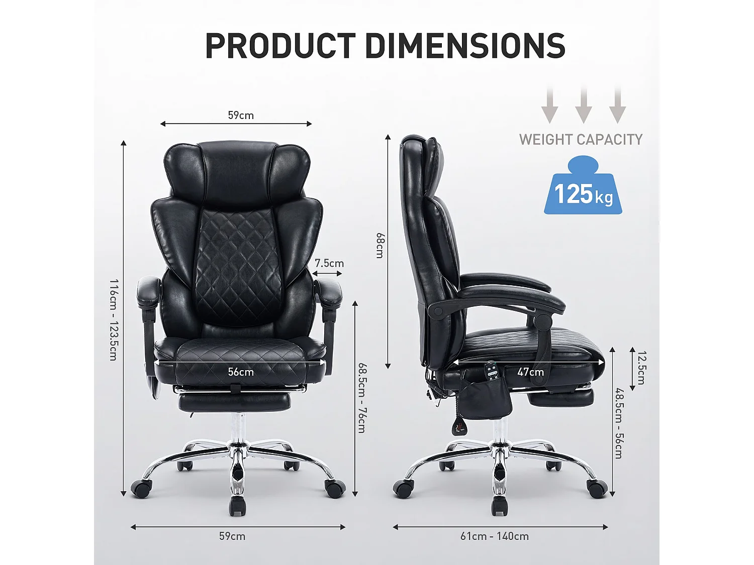 Chaise de bureau, Chaise de bureau massage 6 points et chauffage lombaire 3 niveaux, Inclinaison 94-125°réglable-noir