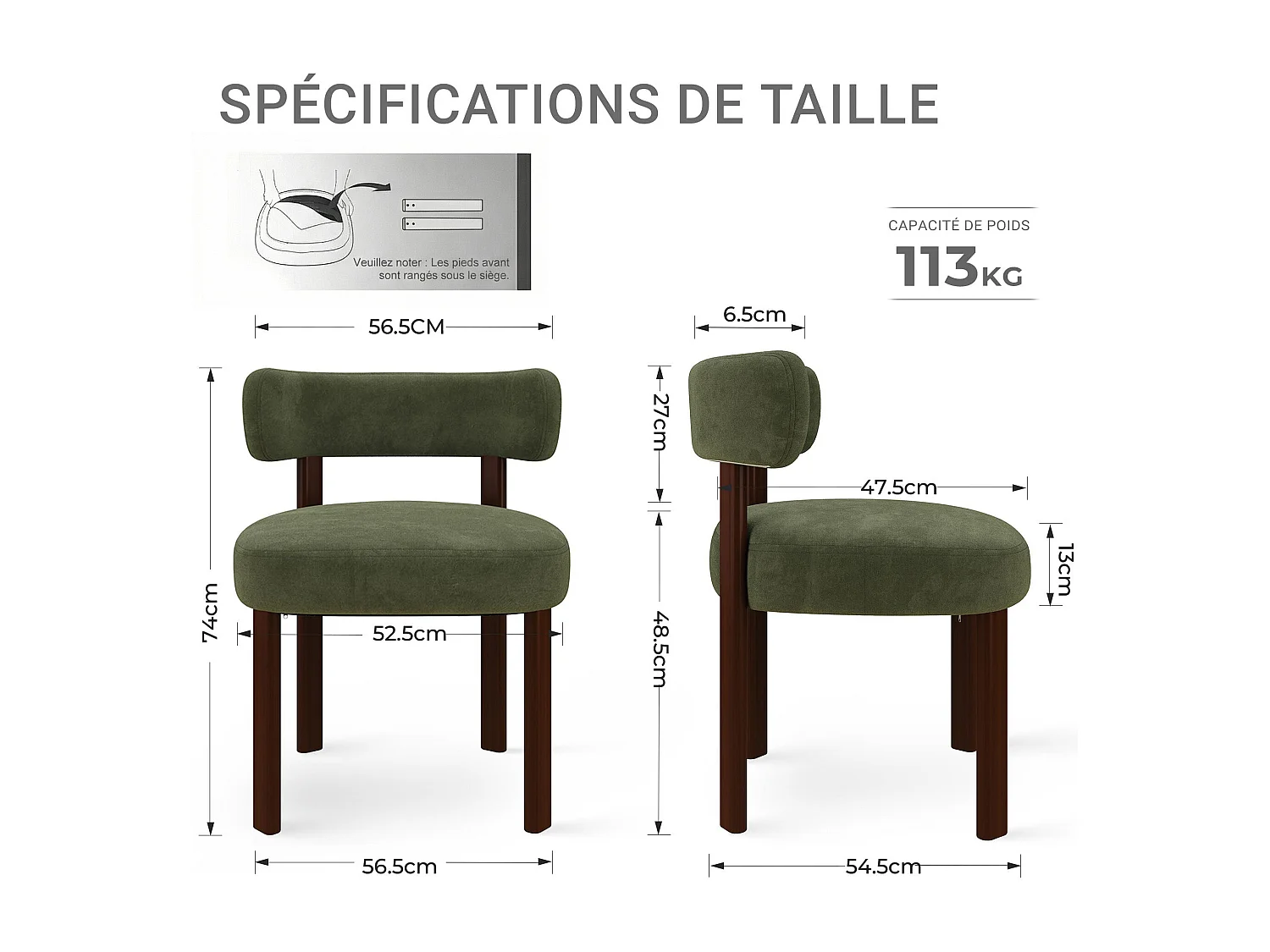 Lot de 2 chaises de salle à manger en bois massif vert SMARTUE, tissu velours, dossier incurvé