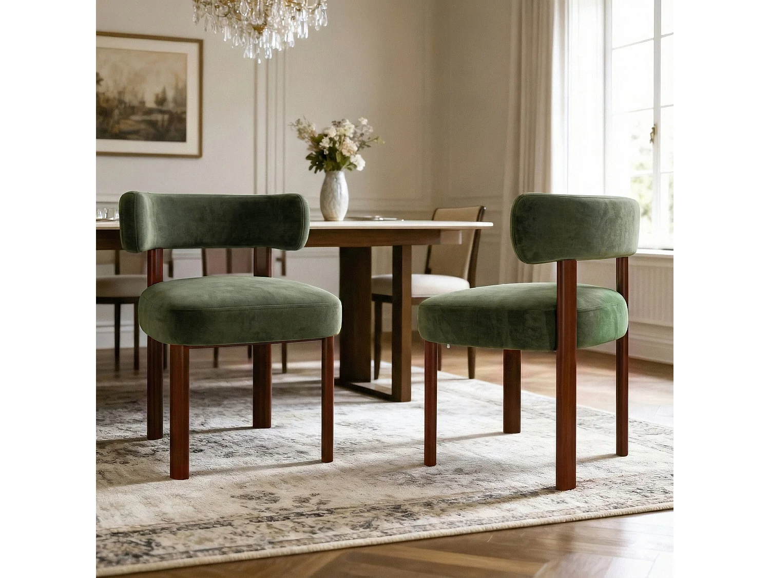 Lot de 2 chaises de salle à manger en bois massif vert SMARTUE, tissu velours, dossier incurvé