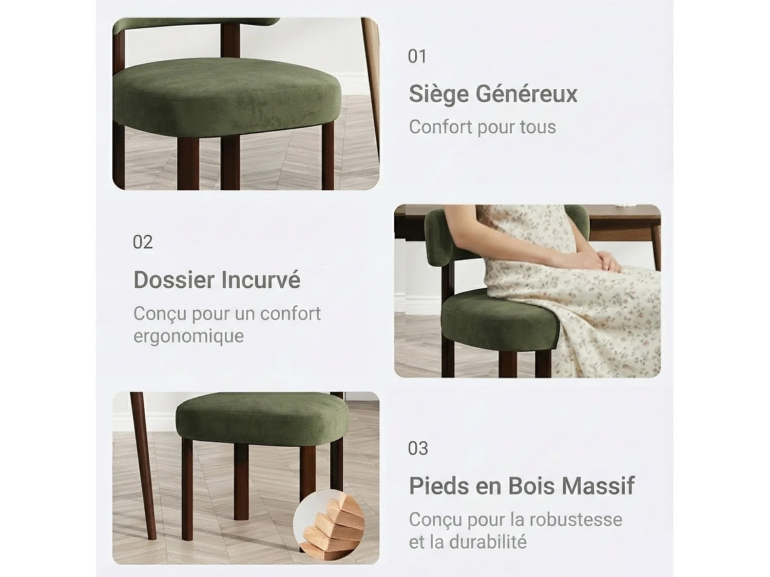 Lot de 2 chaises de salle à manger en bois massif vert SMARTUE, tissu velours, dossier incurvé