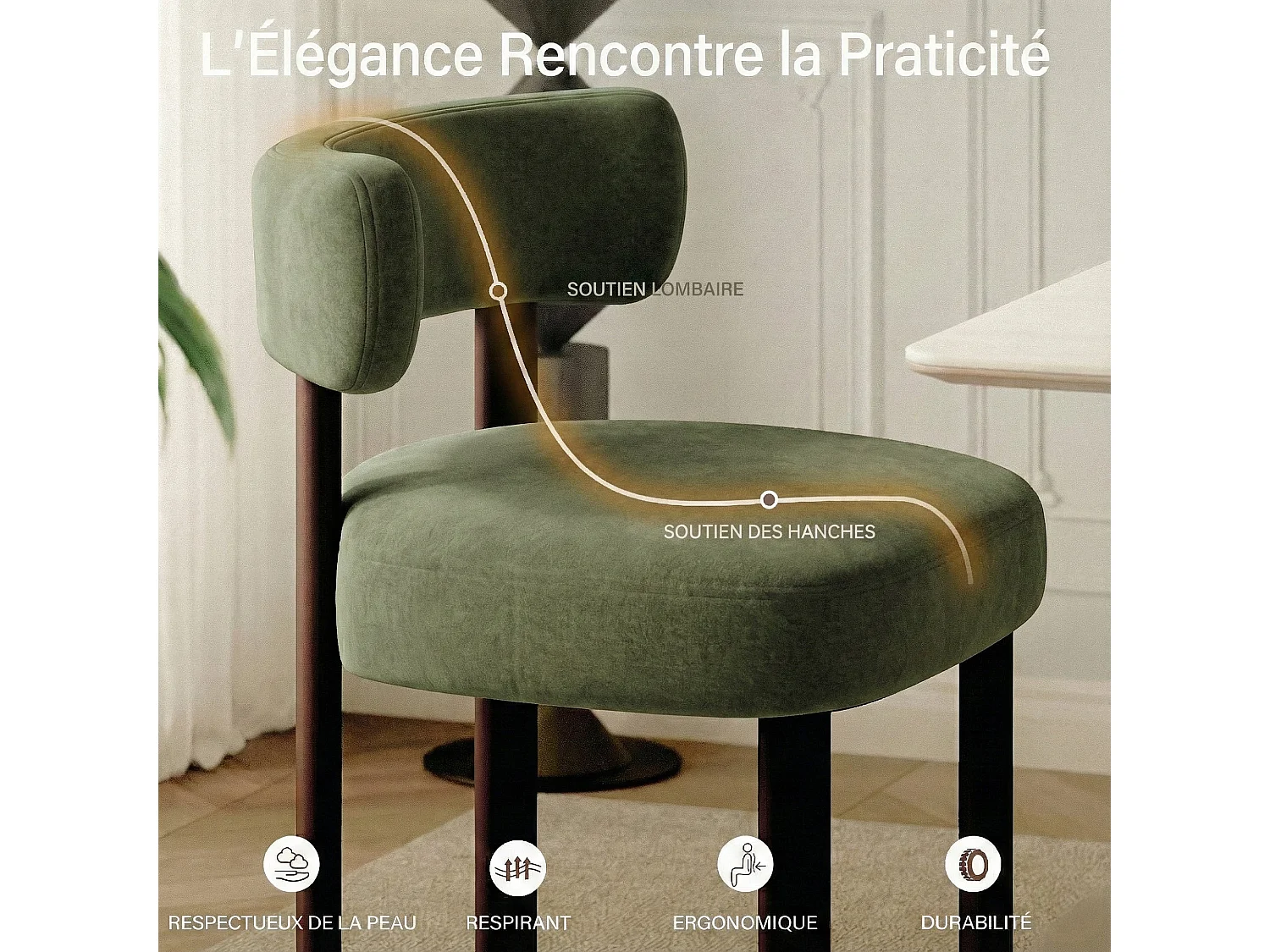 Lot de 2 chaises de salle à manger en bois massif vert SMARTUE, tissu velours, dossier incurvé