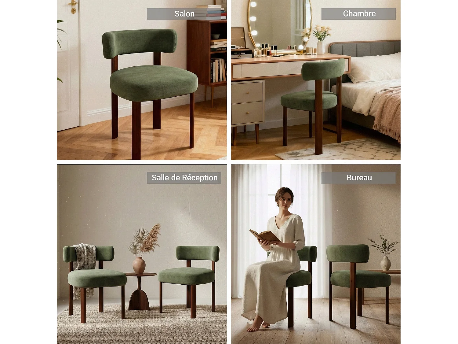 Set van 2 massief houten eettafelstoelen groen, fluwelen stof, gebogen rugleuning