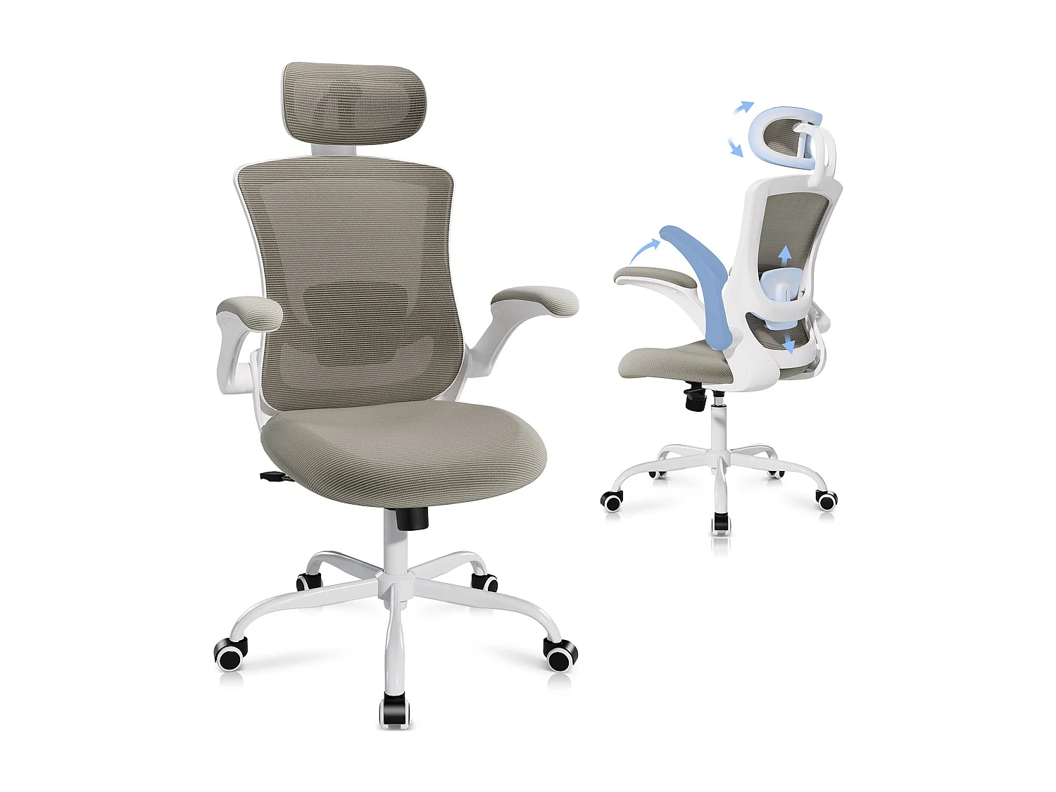 Chaises de bureau - Chaise de bureau ergonomique – Dossier haut en mesh, soutien lombaire et appuie-tête réglables, accoudoirs relevables – marron