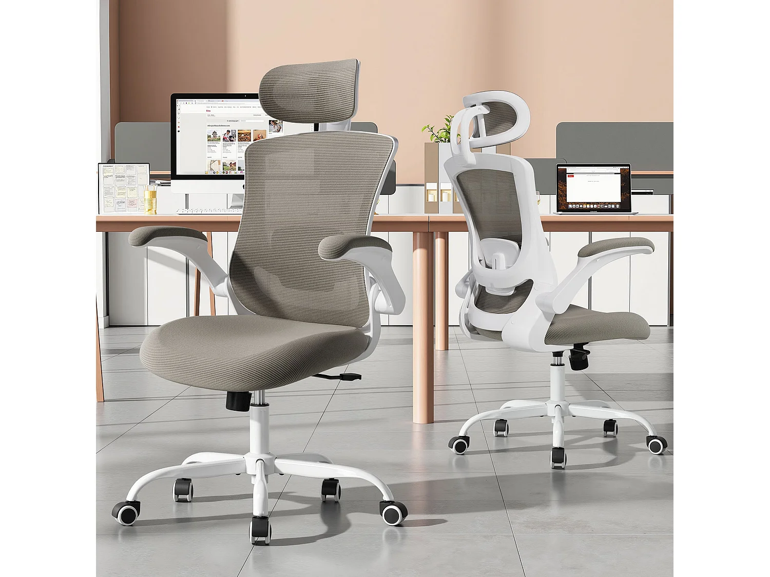 Chaises de bureau - Chaise de bureau ergonomique – Dossier haut en mesh, soutien lombaire et appuie-tête réglables, accoudoirs relevables – marron