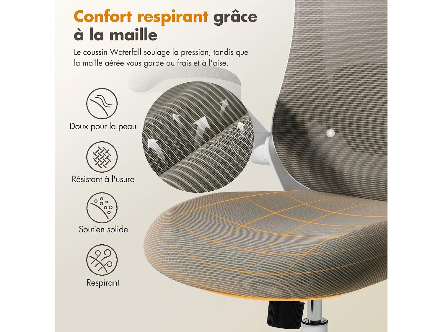 Chaises de bureau - Chaise de bureau ergonomique – Dossier haut en mesh, soutien lombaire et appuie-tête réglables, accoudoirs relevables – marron