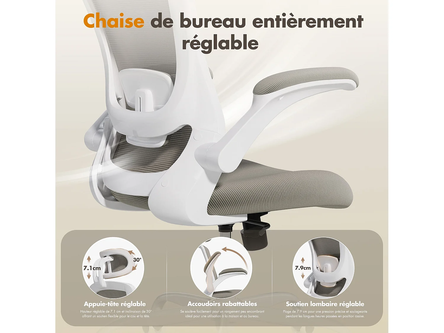 Chaises de bureau - Chaise de bureau ergonomique – Dossier haut en mesh, soutien lombaire et appuie-tête réglables, accoudoirs relevables – marron