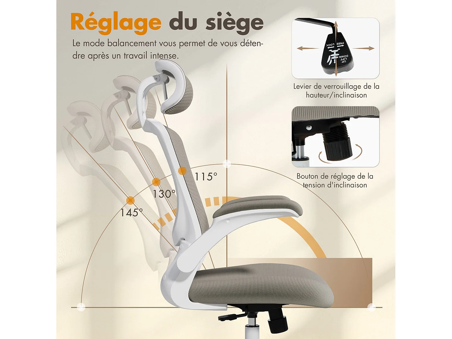 Chaise de bureau ergonomique – Dossier haut en mesh, soutien lombaire et appuie-tête réglables – marron