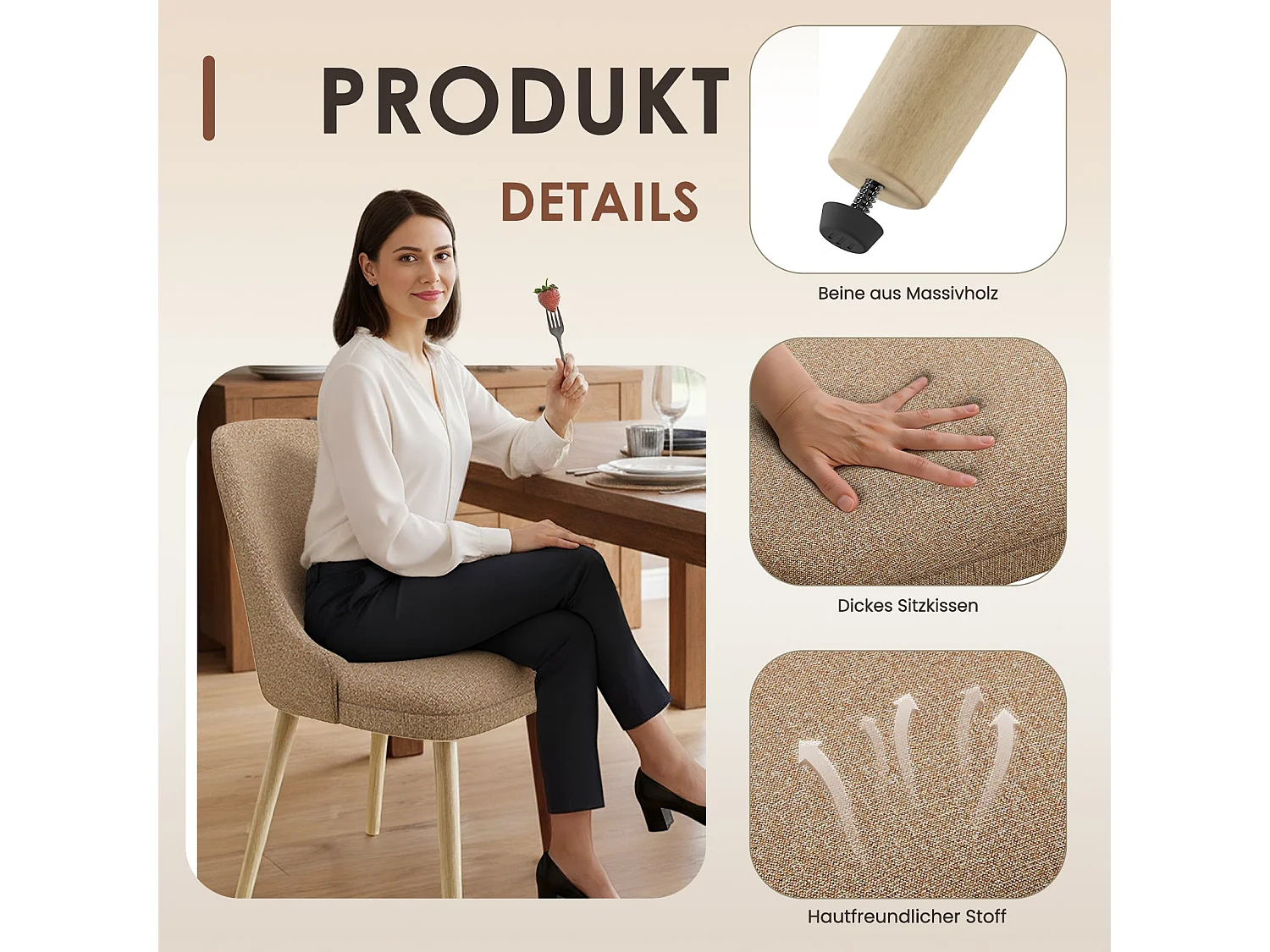 Set van 2 eetkamerstoelen met hoog, gewatteerd rugleuning en houten poten - Camel