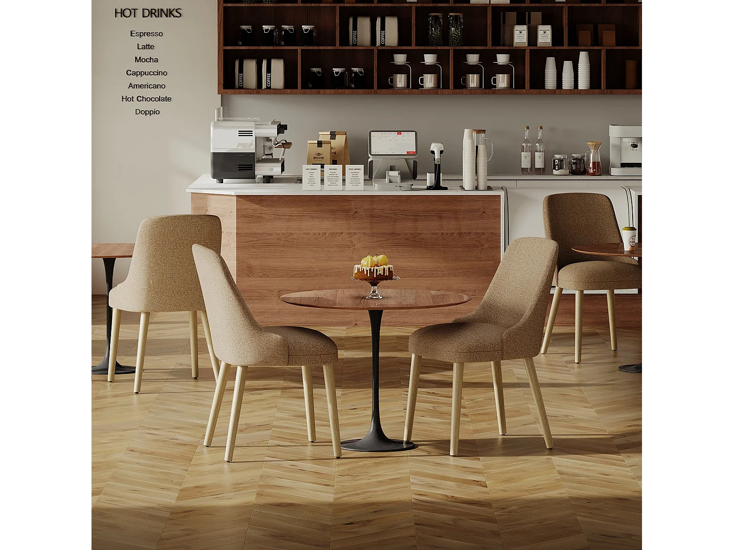 Set van 2 eetkamerstoelen met hoog, gewatteerd rugleuning en houten poten - Camel