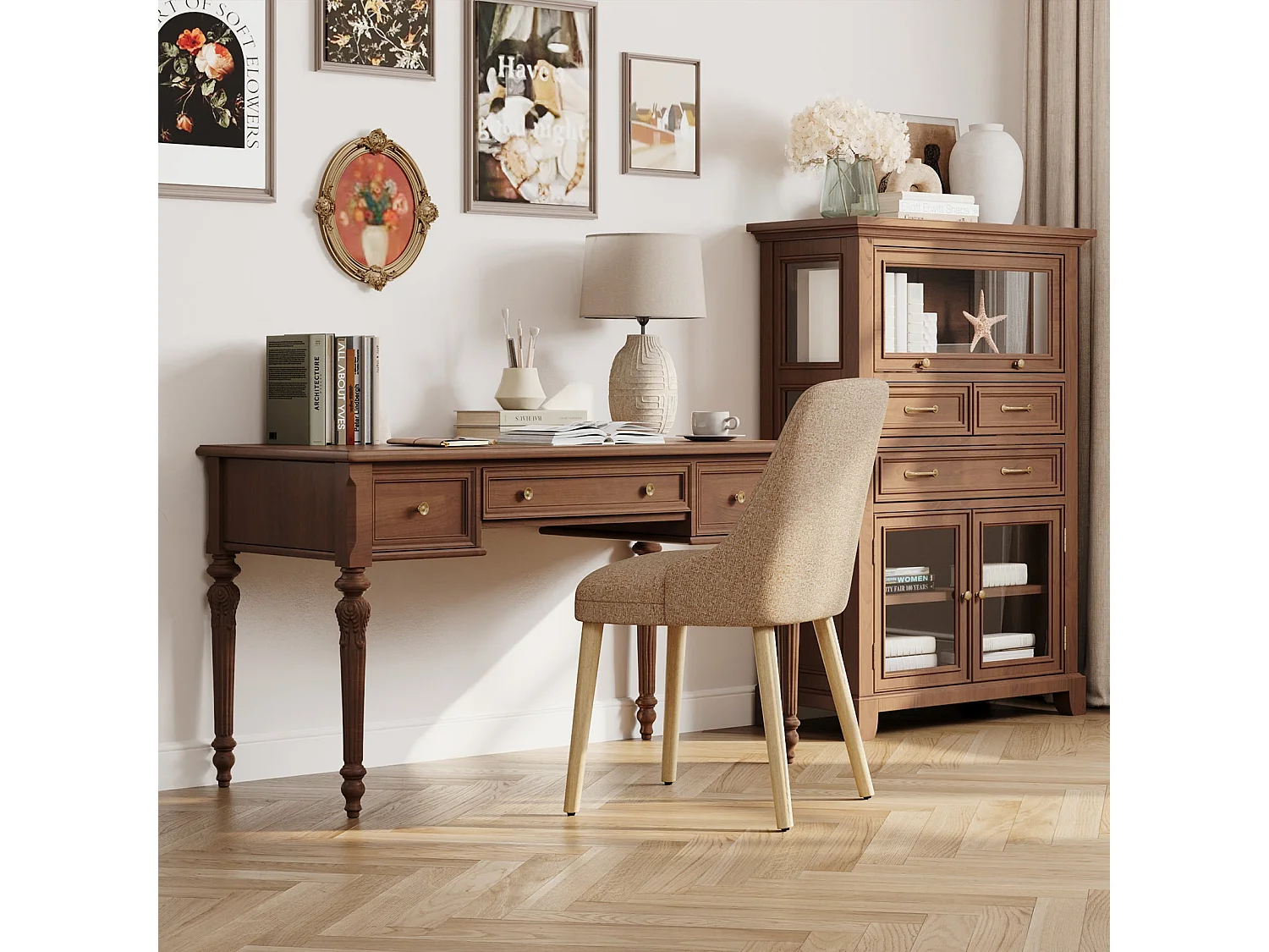 Set van 2 eetkamerstoelen met hoog, gewatteerd rugleuning en houten poten - Camel