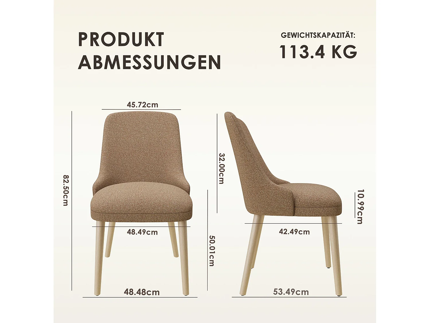 Set van 2 eetkamerstoelen met hoog, gewatteerd rugleuning en houten poten - Camel