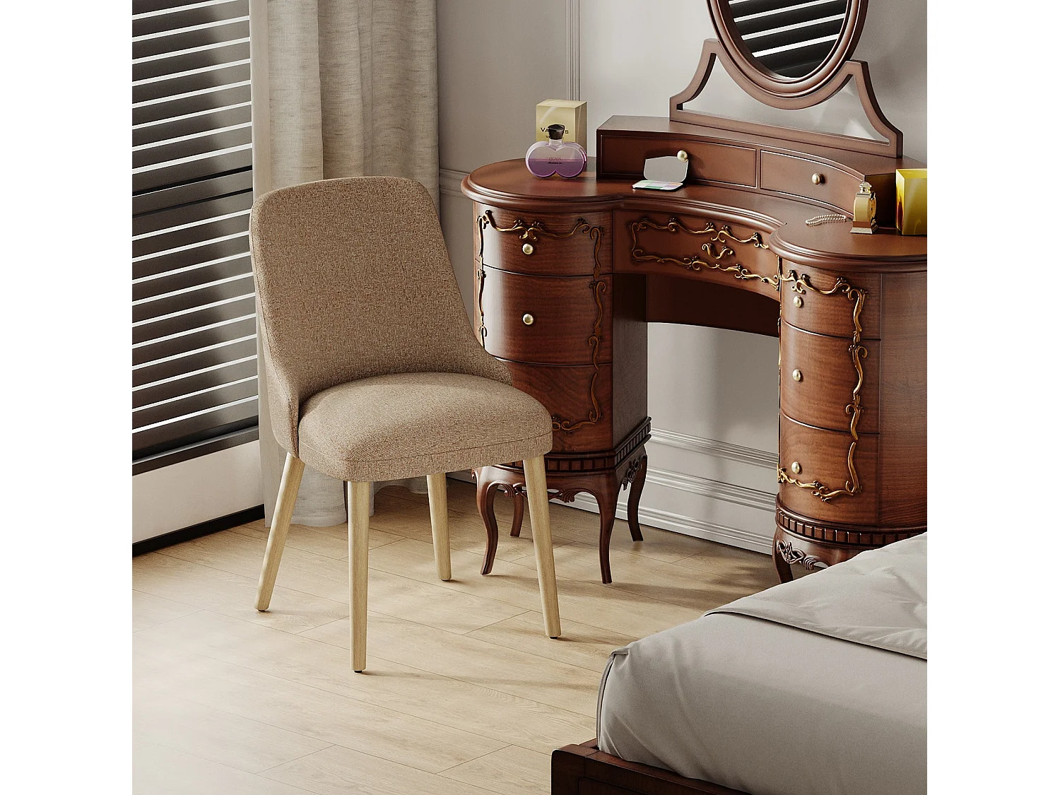 Set van 2 eetkamerstoelen met hoog, gewatteerd rugleuning en houten poten - Camel