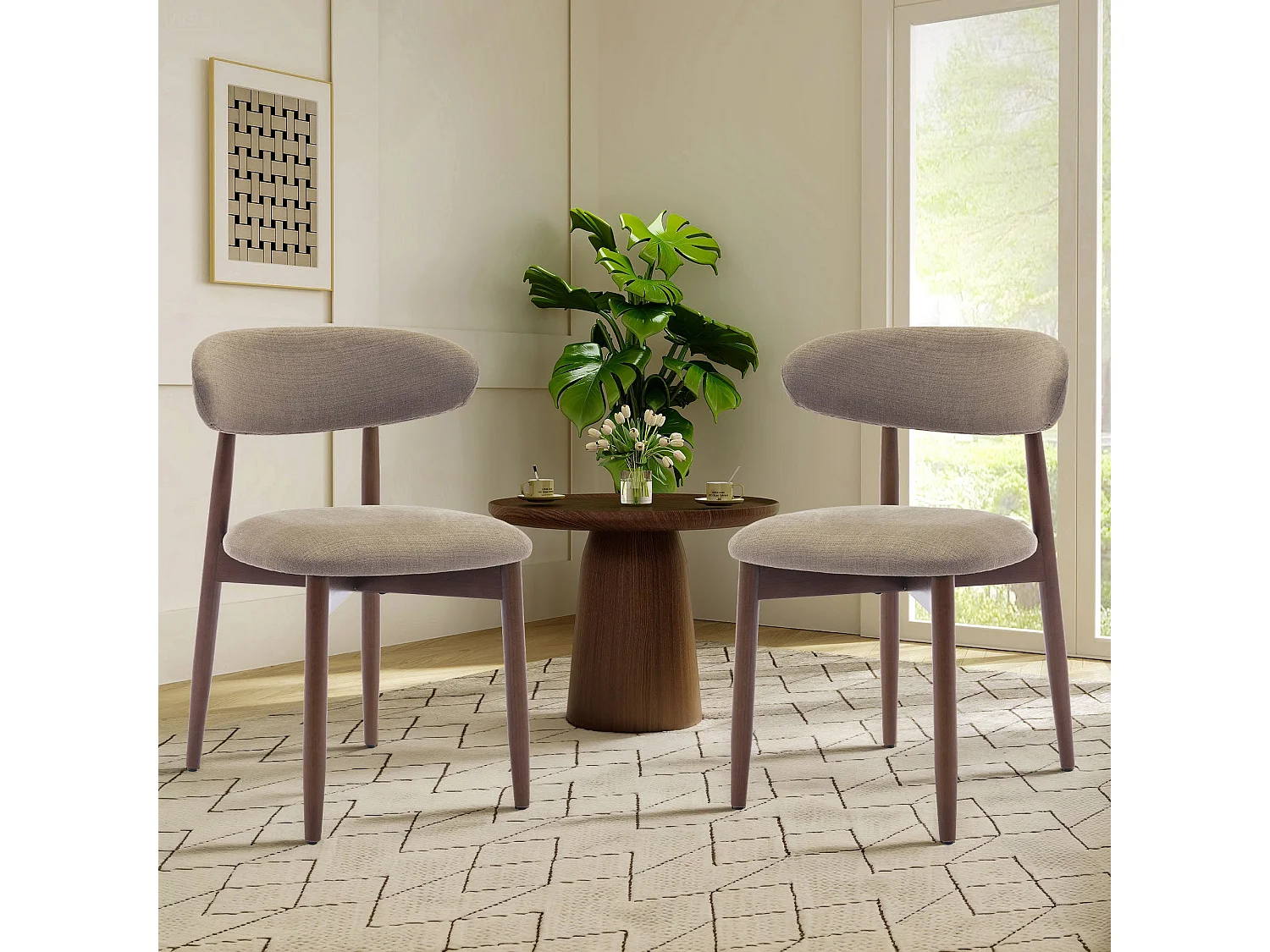 Set van 2 camel eetkamerstoelen SMARTUE – Massief houten poten, gebogen rugleuning, stoffen zitting