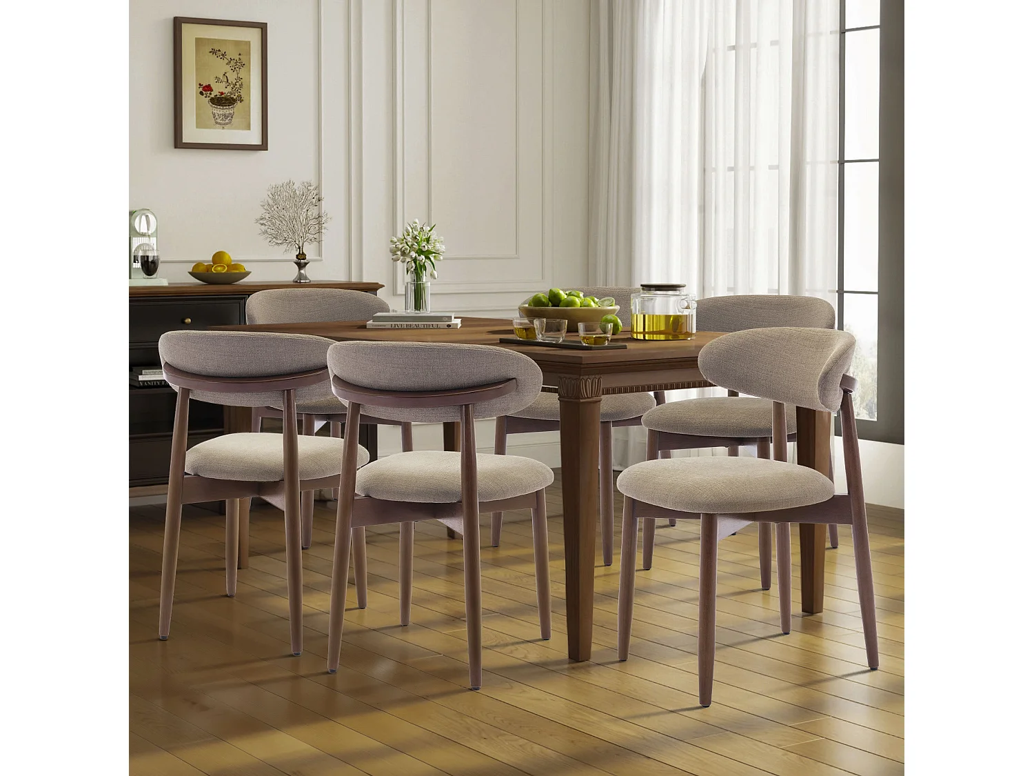 Set van 2 camel eetkamerstoelen SMARTUE – Massief houten poten, gebogen rugleuning, stoffen zitting