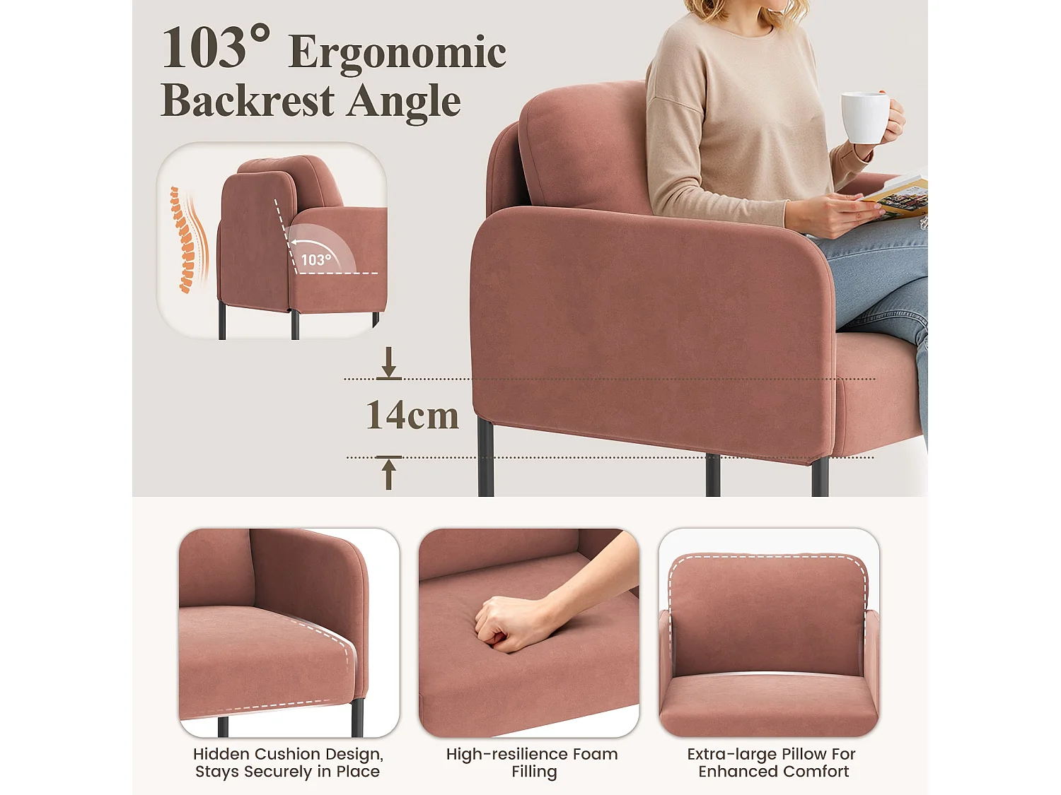 Un fauteuil au confort naturel, pensé pour le quotidien - Fauteuil avec dossier enveloppant et pieds en métal fin, Rose