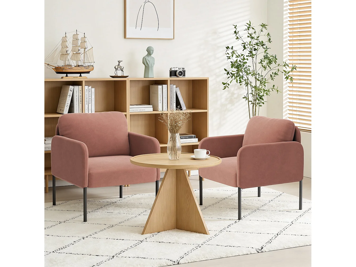 Fauteuil de salon haut dossier rembourré en velours rose, pieds en métal, coussin extra large