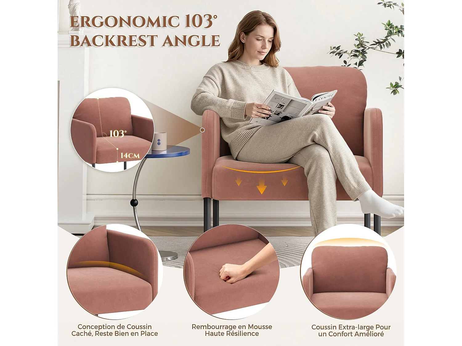 Fauteuil de salon haut dossier rembourré en velours rose, pieds en métal, coussin extra large