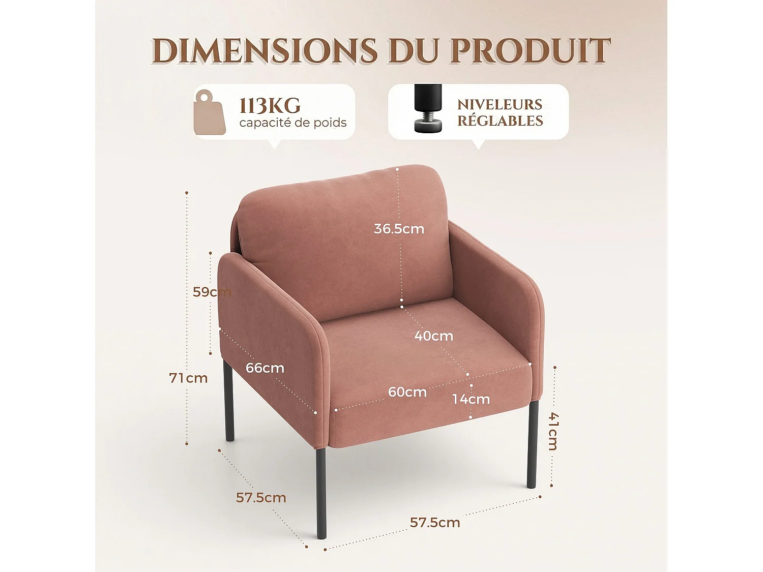Fauteuil de salon haut dossier rembourré en velours rose, pieds en métal, coussin extra large