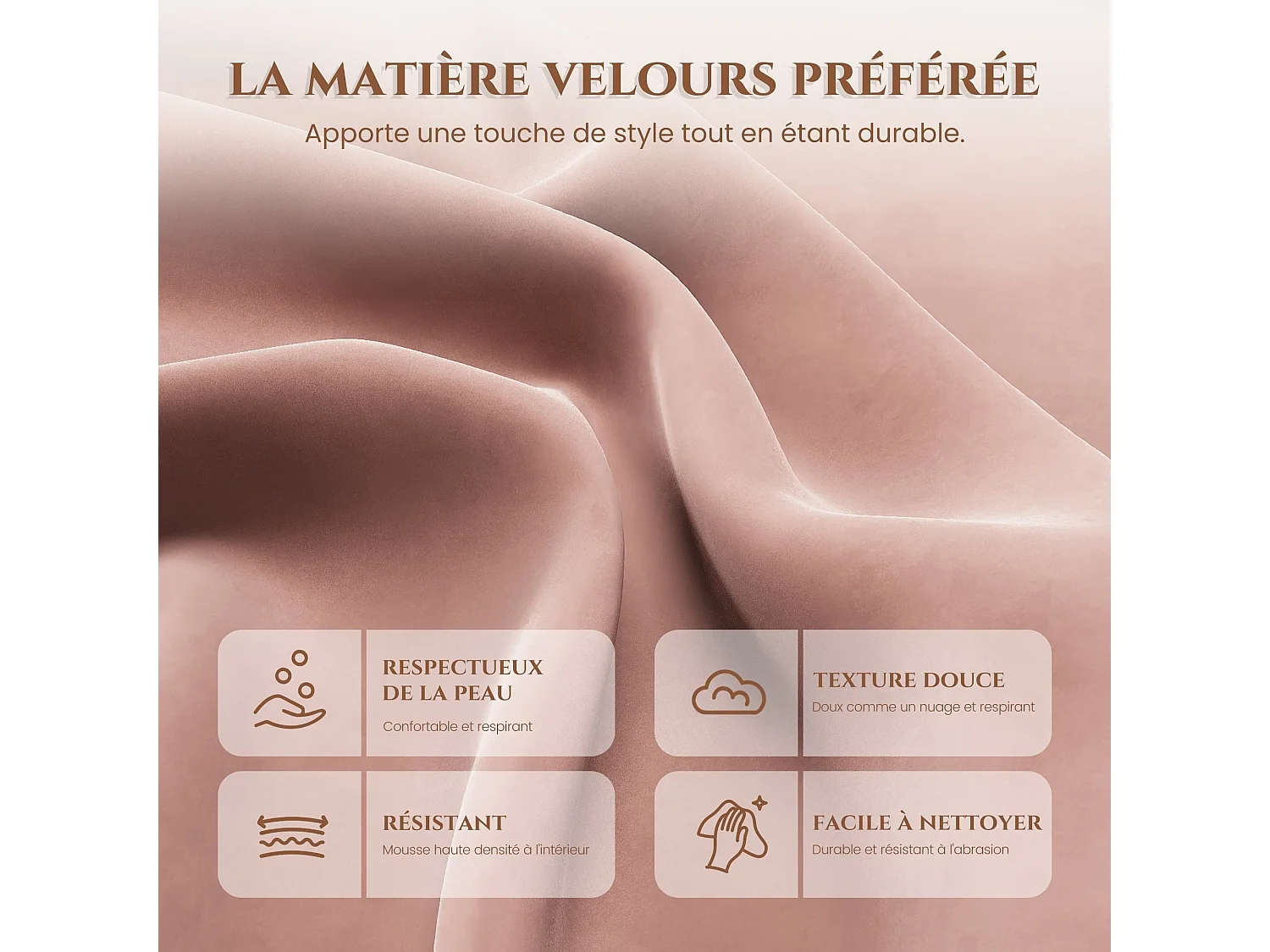 Fauteuil de salon haut dossier rembourré en velours rose, pieds en métal, coussin extra large