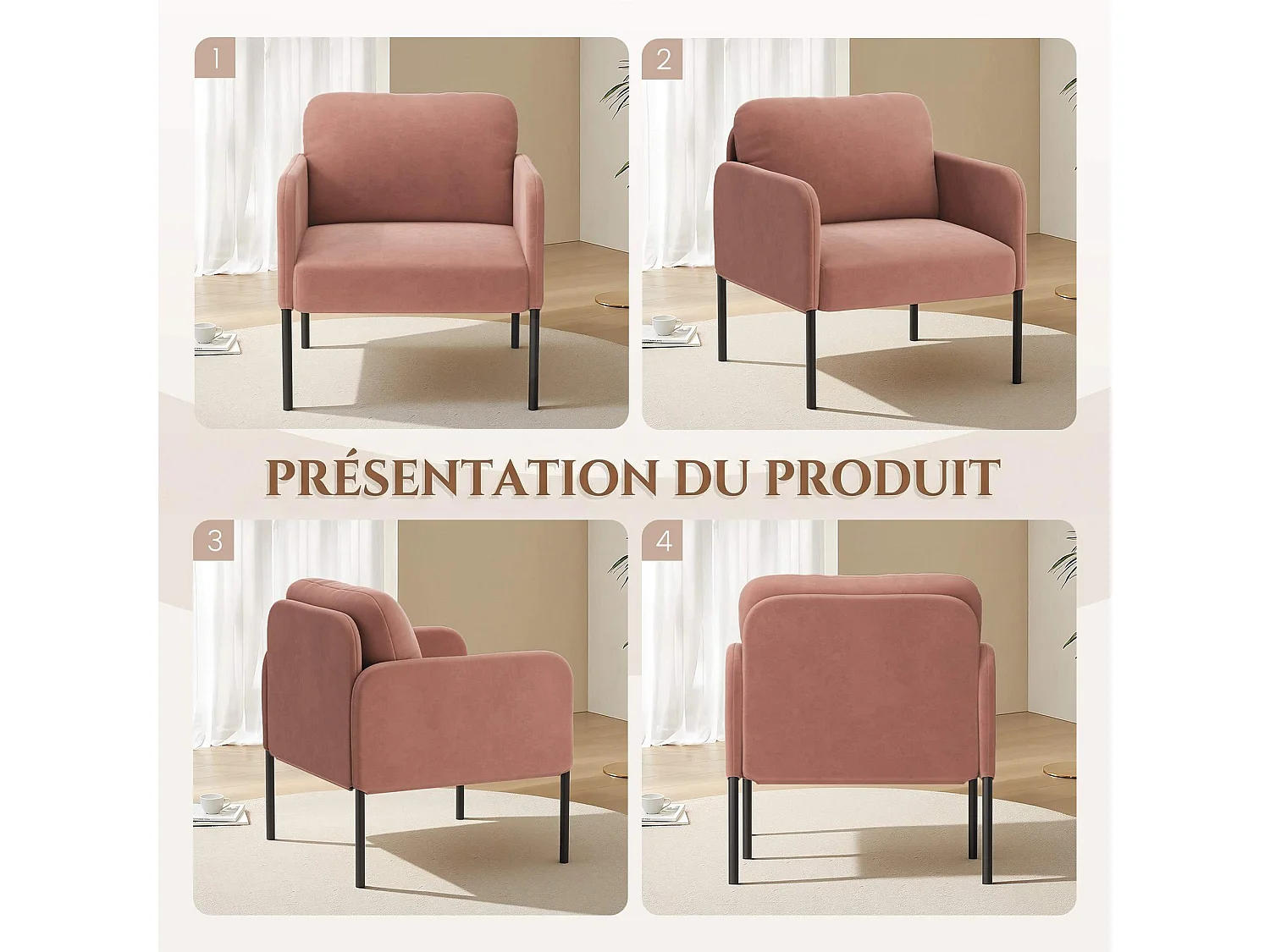 Fauteuil de salon haut dossier rembourré en velours rose, pieds en métal, coussin extra large