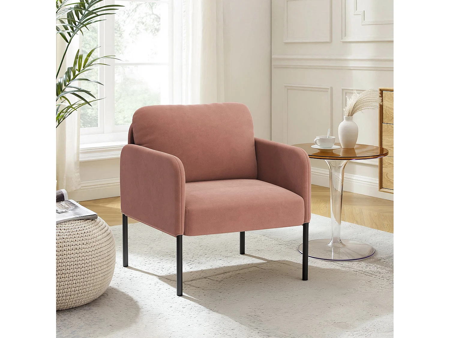 Fauteuil de salon haut dossier rembourré en velours rose, pieds en métal, coussin extra large