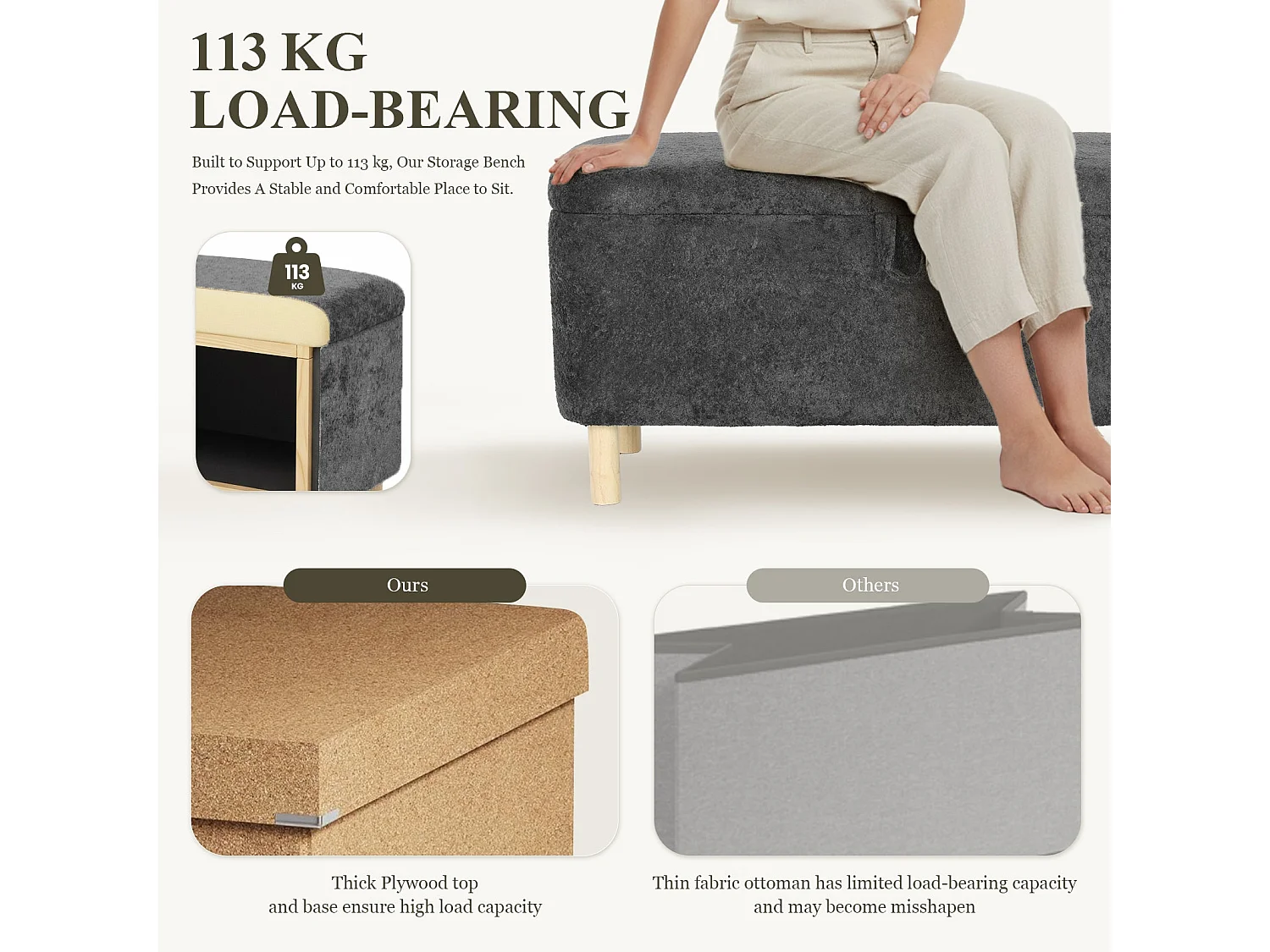 Pouf Rond en Tissu avec Couvercle à Plateau Réversible – Repose-pieds Multifonction, Rangement Caché, Solide et Élégant - Gris