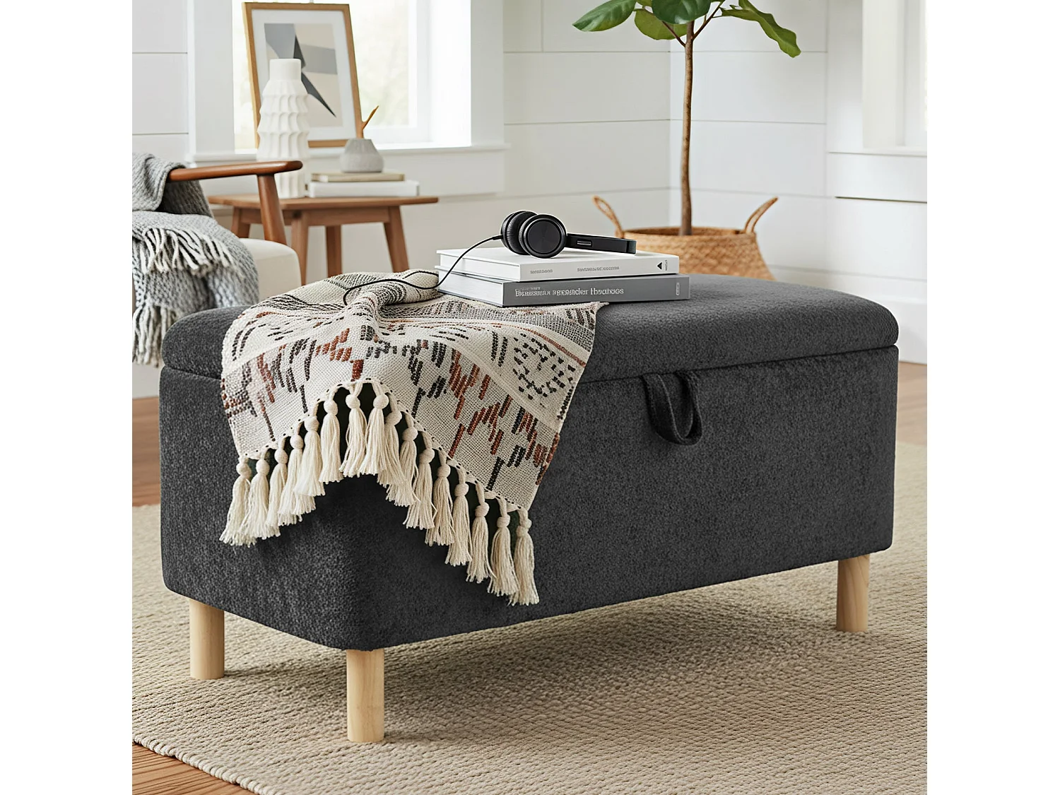 Pouf rond en tissu beige avec couvercle plateau réversible - Vert