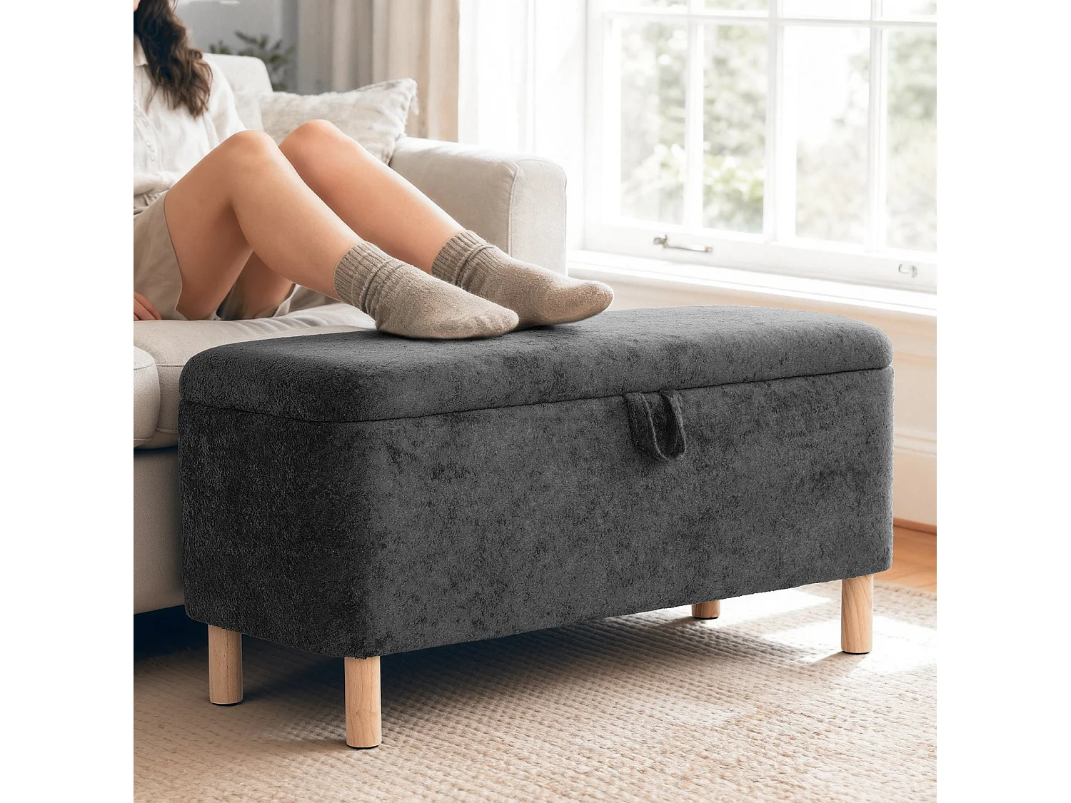 Pouf rond en tissu beige avec couvercle plateau réversible - Vert