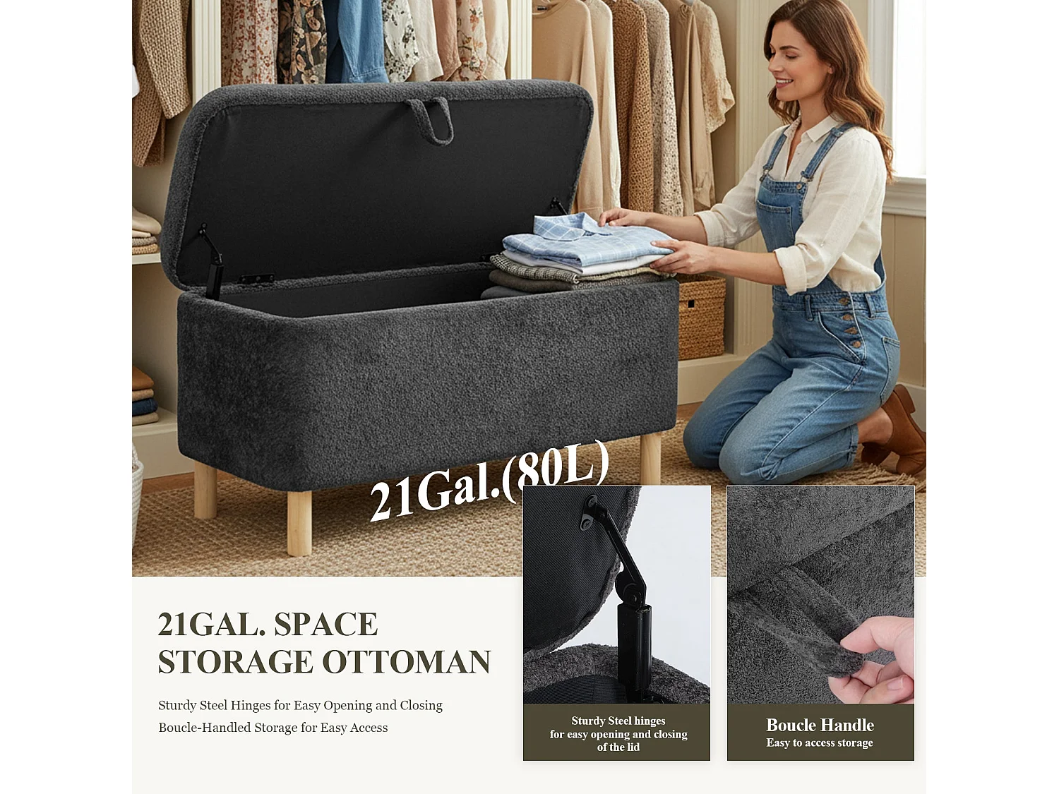 Pouf rond en tissu beige avec couvercle plateau réversible - Vert