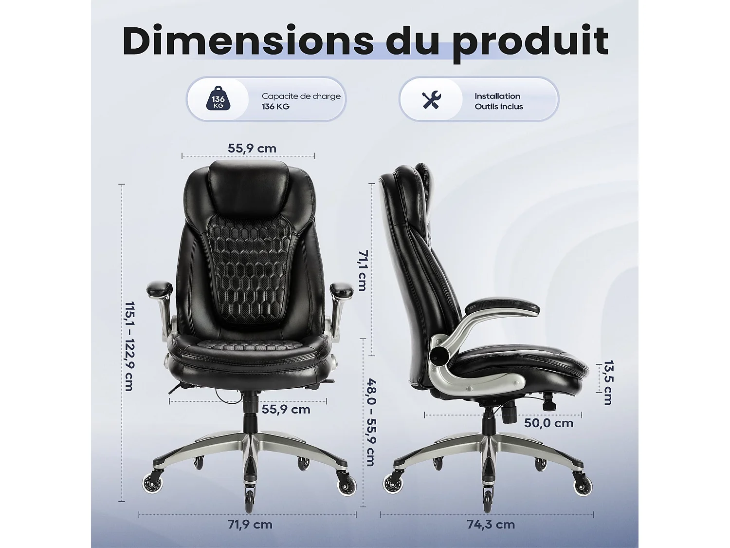 Chaise de bureau – Chaise de bureau ergonomique, coussin d’assise épais de 13,5 cm, accoudoirs relevables, noir