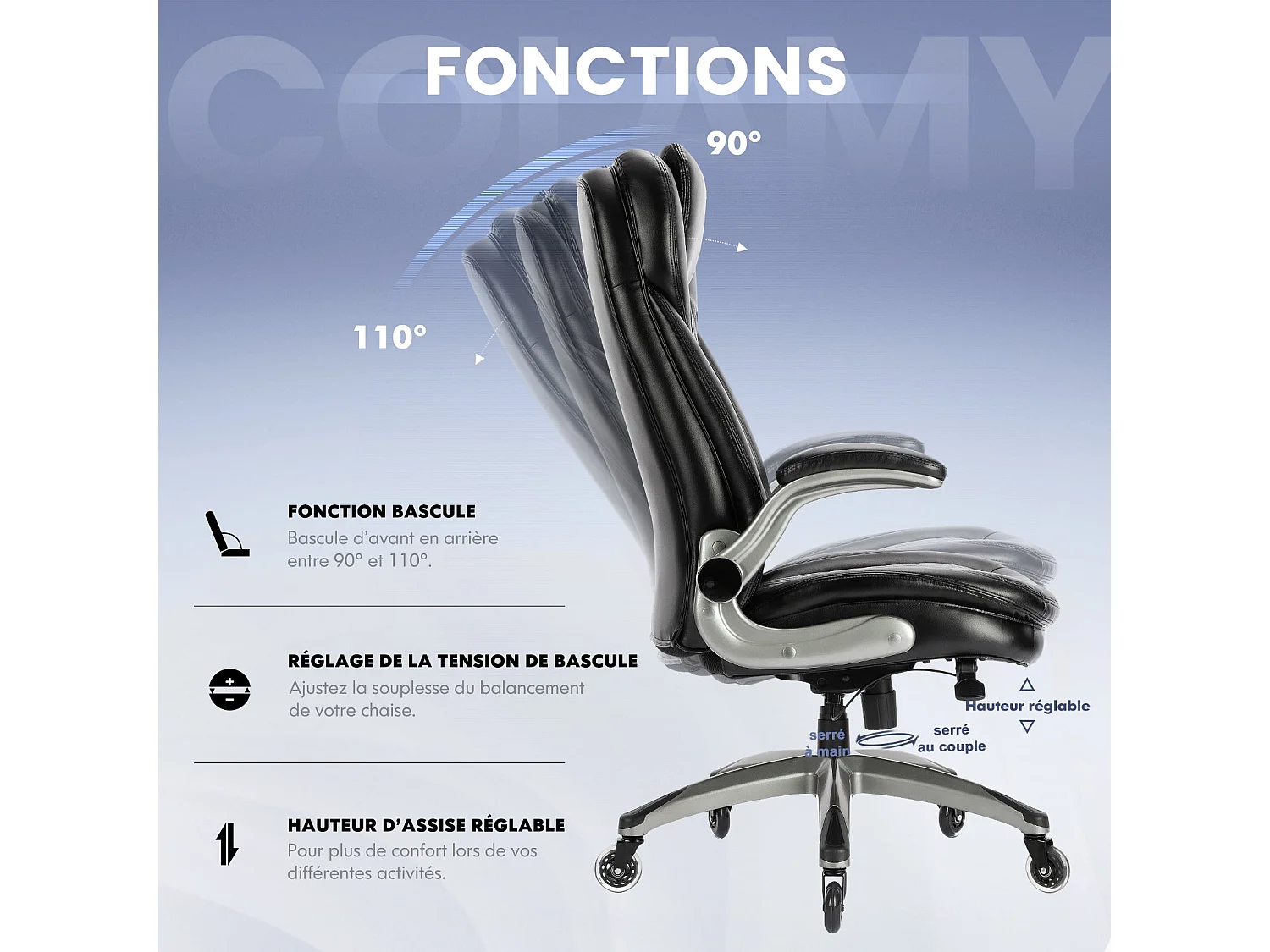 Chaise de bureau – Chaise de bureau ergonomique, coussin d’assise épais de 13,5 cm, accoudoirs relevables, noir