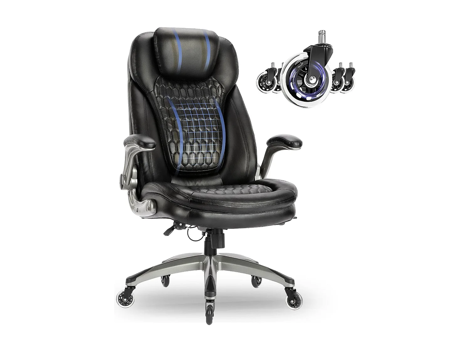 Chaise de bureau – Chaise de bureau ergonomique, coussin d’assise épais de 13,5 cm, accoudoirs relevables, noir