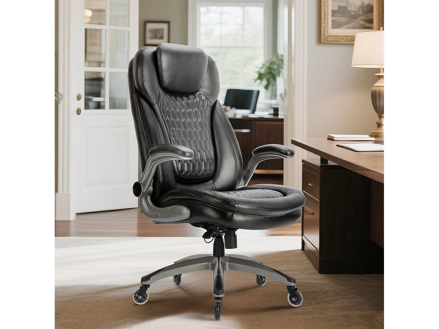 Chaise de bureau – Chaise de bureau ergonomique, coussin d’assise épais de 13,5 cm, accoudoirs relevables, noir