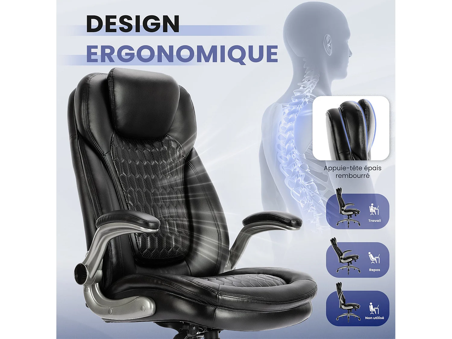 Chaise de bureau – Chaise de bureau ergonomique, coussin d’assise épais de 13,5 cm, accoudoirs relevables, noir