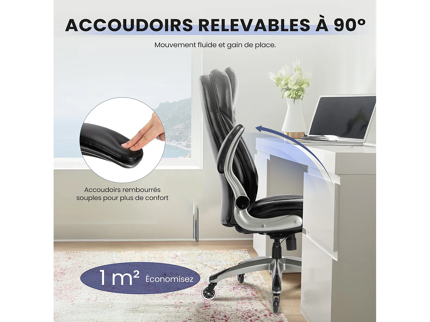 Chaise de bureau – Chaise de bureau ergonomique, coussin d’assise épais de 13,5 cm, accoudoirs relevables, noir