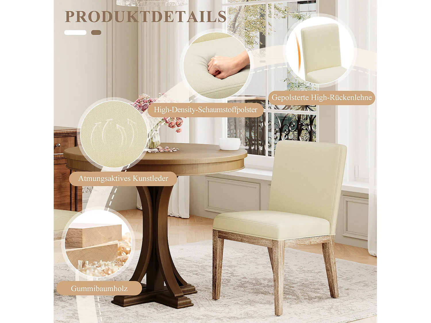 Lot de 2 Chaises – Design Rétro Élégant, Dossier Haut, Structure en Bois Robuste, Confort Classique pour Cuisine - beige