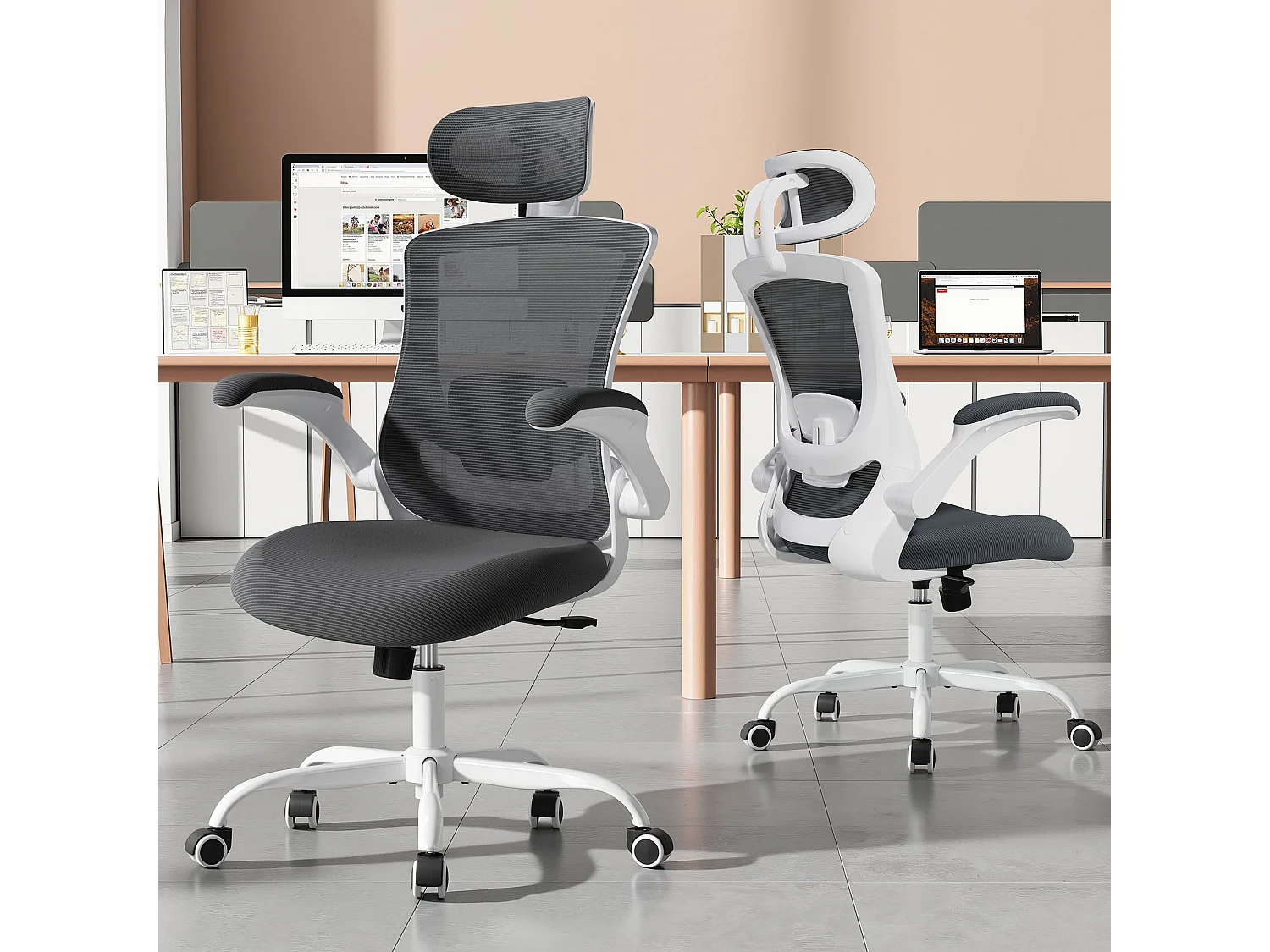 Chaises de bureau - Chaise de bureau ergonomique – Dossier haut en mesh, soutien lombaire et appuie-tête réglables, accoudoirs relevables – gris