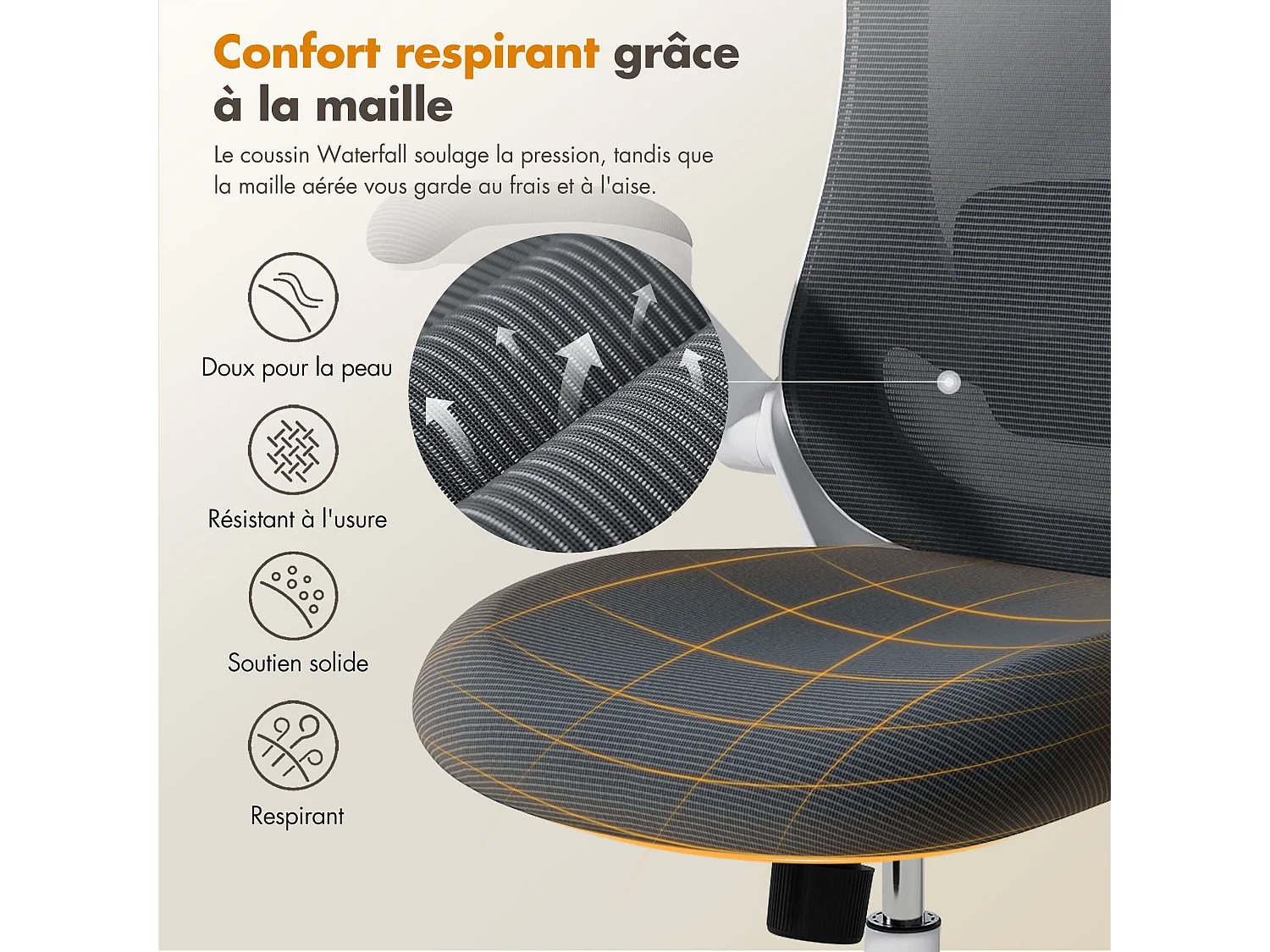 Chaises de bureau - Chaise de bureau ergonomique – Dossier haut en mesh, soutien lombaire et appuie-tête réglables, accoudoirs relevables – gris