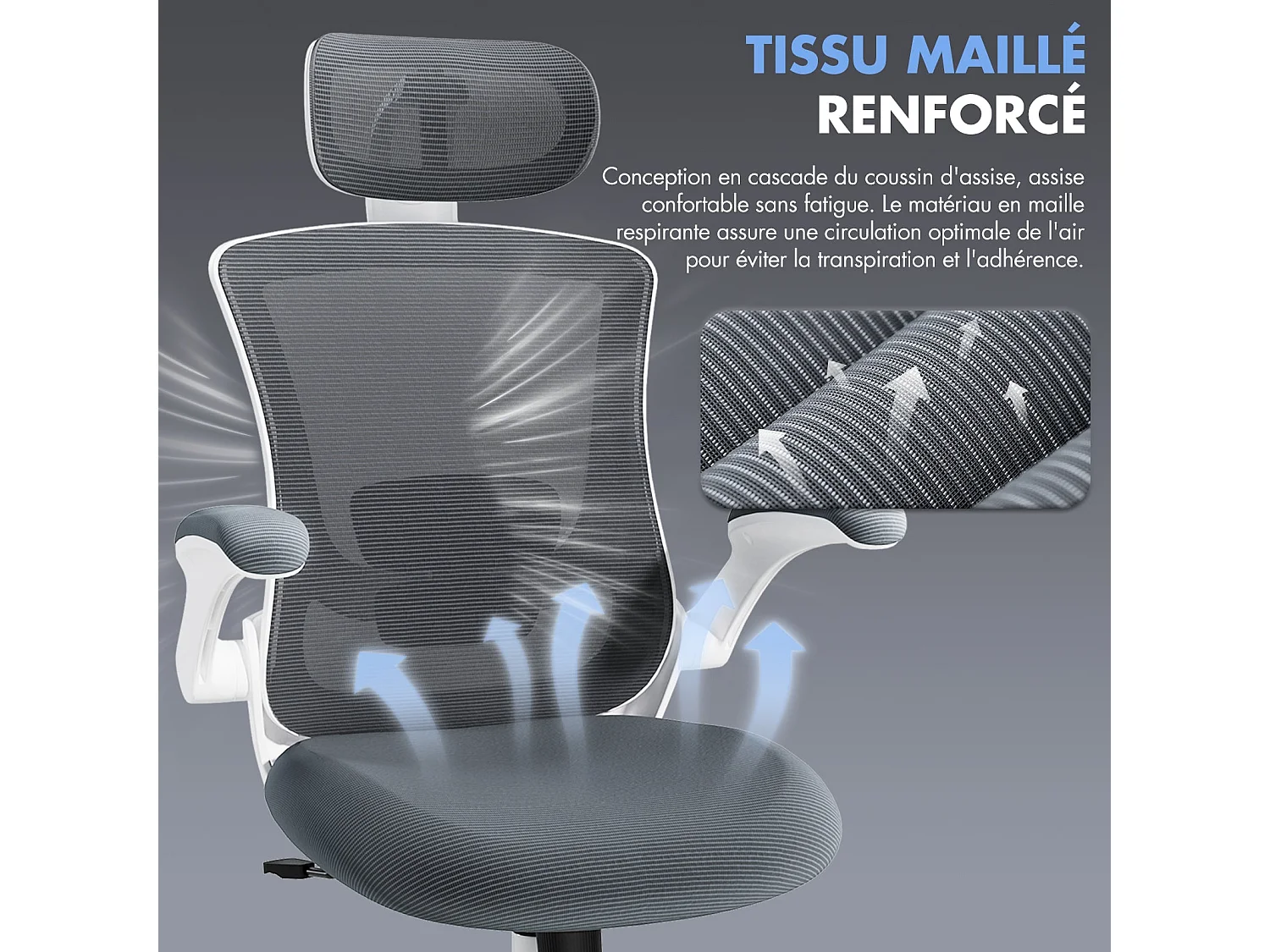 Ergonomische bureaustoel – Hoge rugleuning van mesh, verstelbare lendensteun en hoofdsteun – grijs