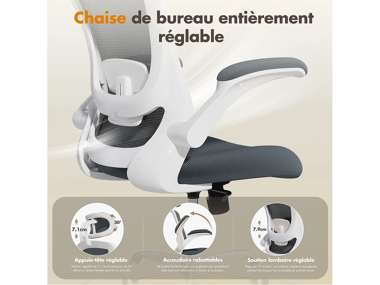 Ergonomische bureaustoel – Hoge rugleuning van mesh, verstelbare lendensteun en hoofdsteun – grijs