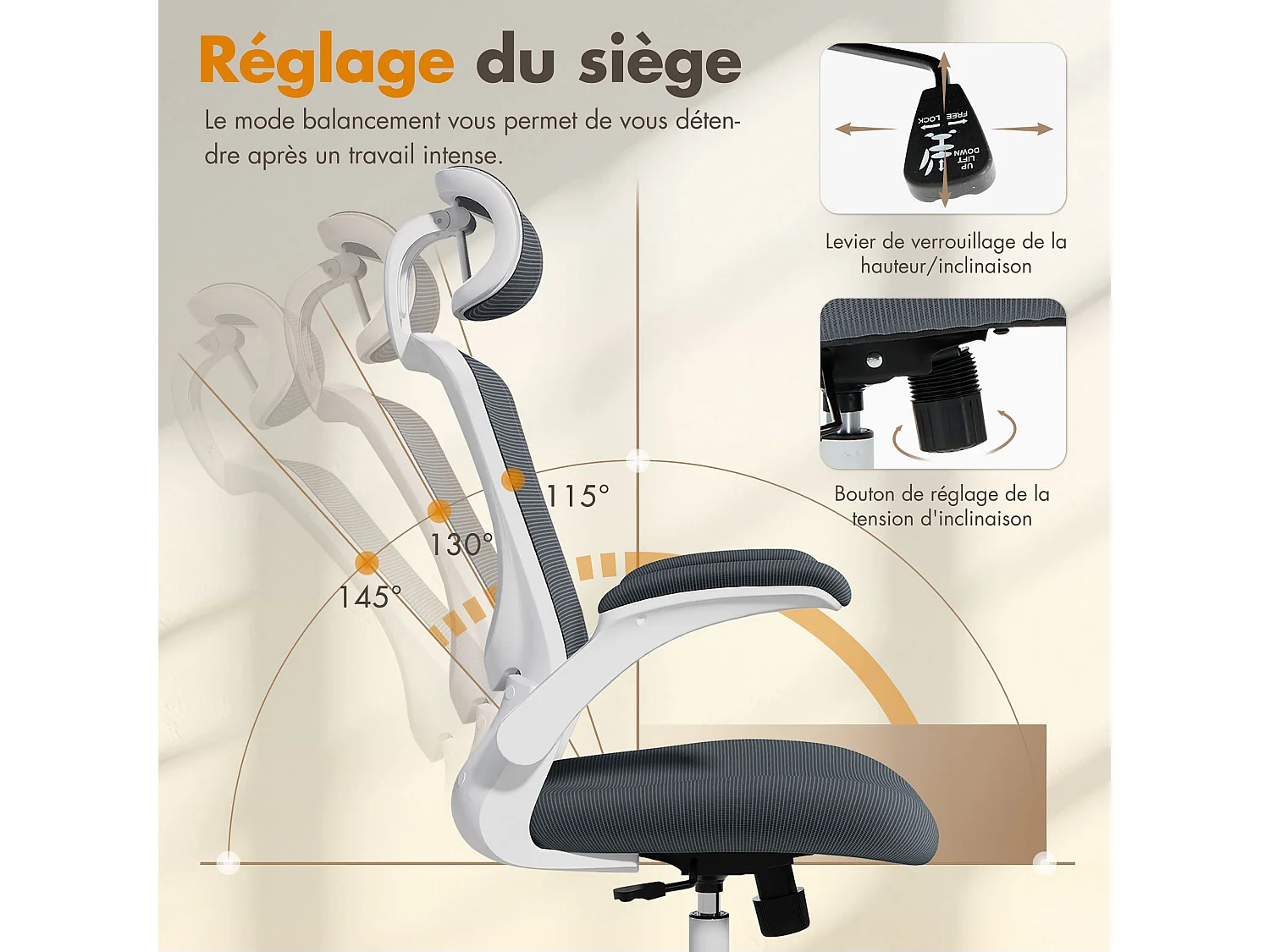 Ergonomische bureaustoel – Hoge rugleuning van mesh, verstelbare lendensteun en hoofdsteun – grijs