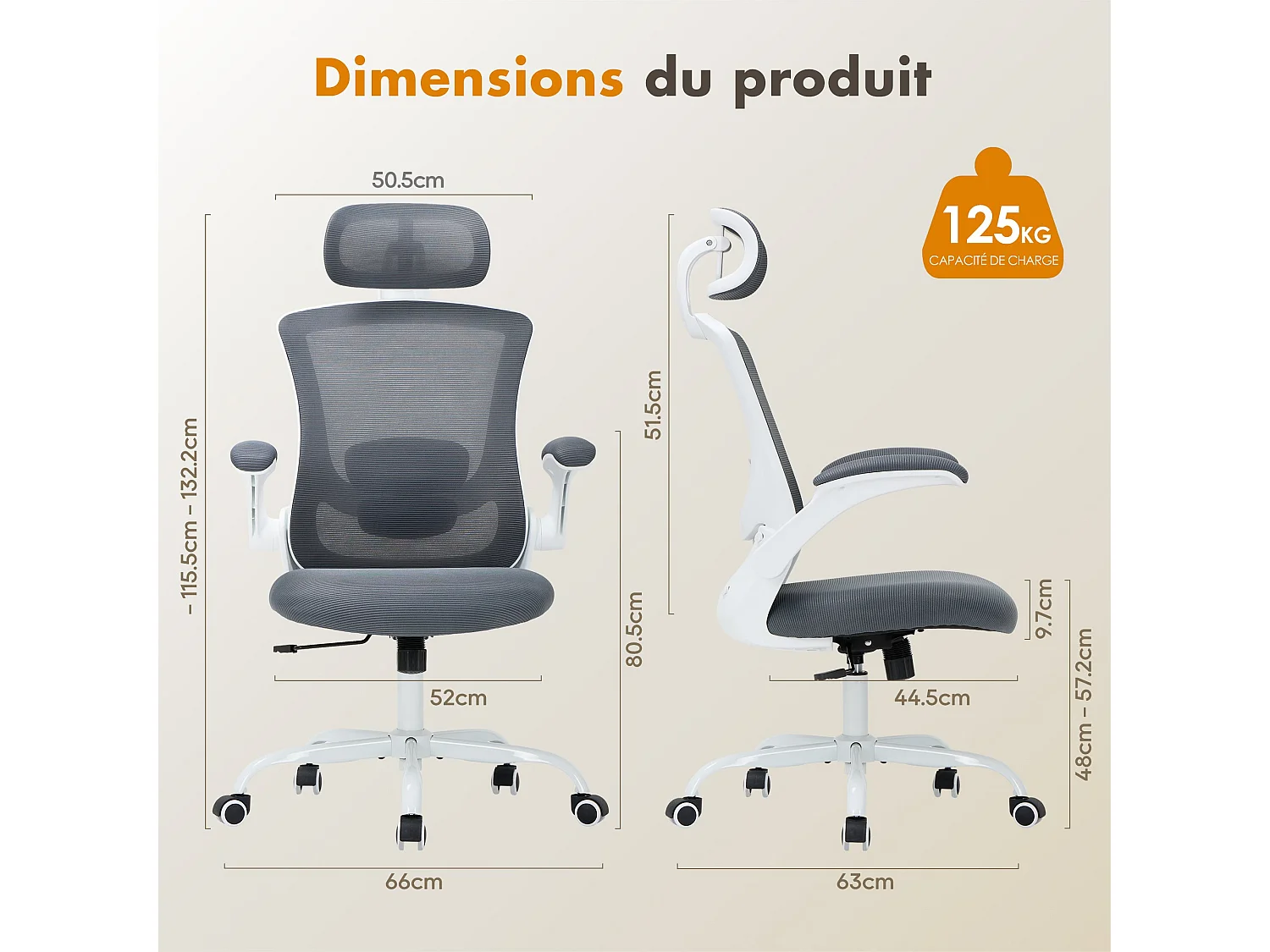 Ergonomische bureaustoel – Hoge rugleuning van mesh, verstelbare lendensteun en hoofdsteun – grijs