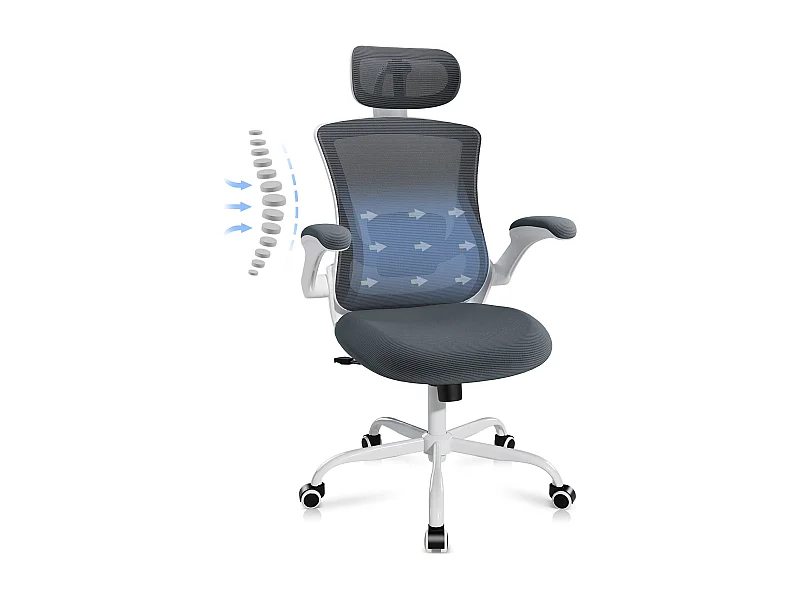Chaises de bureau - Chaise de bureau ergonomique – Dossier haut en mesh, soutien lombaire et appuie-tête réglables, accoudoirs relevables – gris