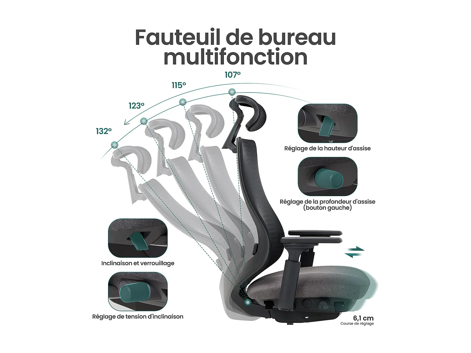 Chaise de bureau avec accoudoirs 4D et siège réglable avant-arrière, confort optimal pour travail intensif - Gris